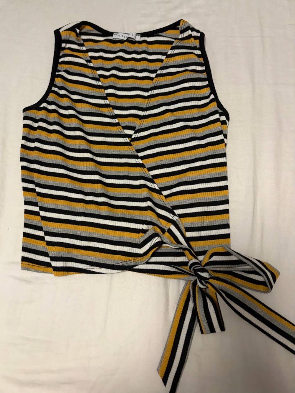 William B Striped Wrap Tank Top with Side Tie - Yellow, Black Grey & White